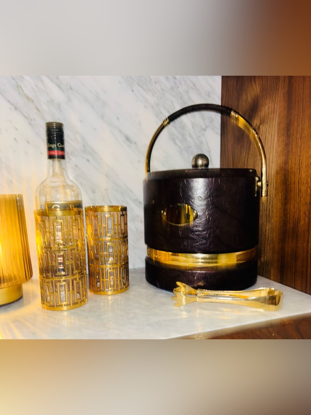 Vintage Brown and Gold Ice Bucket with Handle